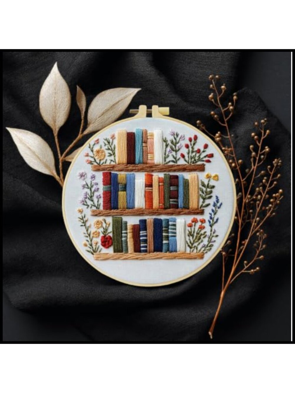 Beginner Embroidery Kit Bookshelf Floral Pre-Printed Cotton Fabric Hoop Threads